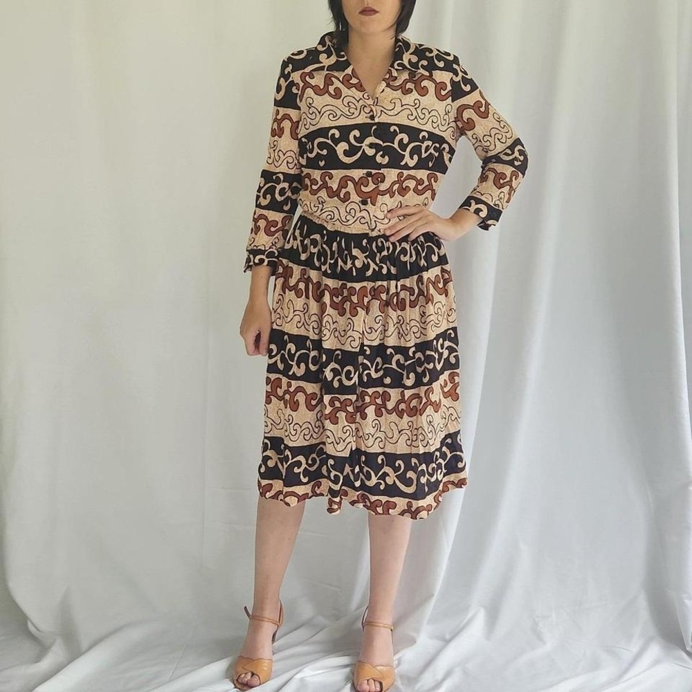 70s Black‎ and Tan Handmade Midi Dress